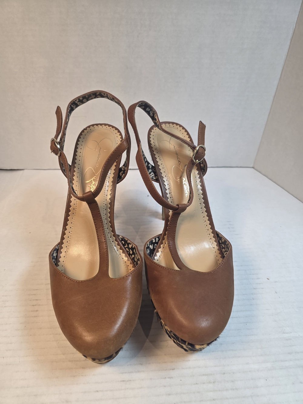Jessica Simpson Dany T-Strap Platform Sandal Brown & Animal Print Like New